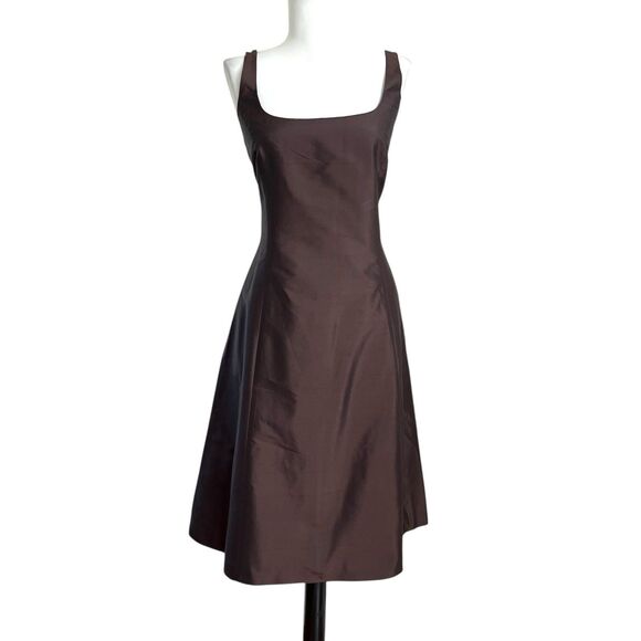 Vintage Ann Taylor Brown Silk Midi Dress Sz 6 Tie Back Retro Quiet Luxury Preppy - Picture 1 of 9